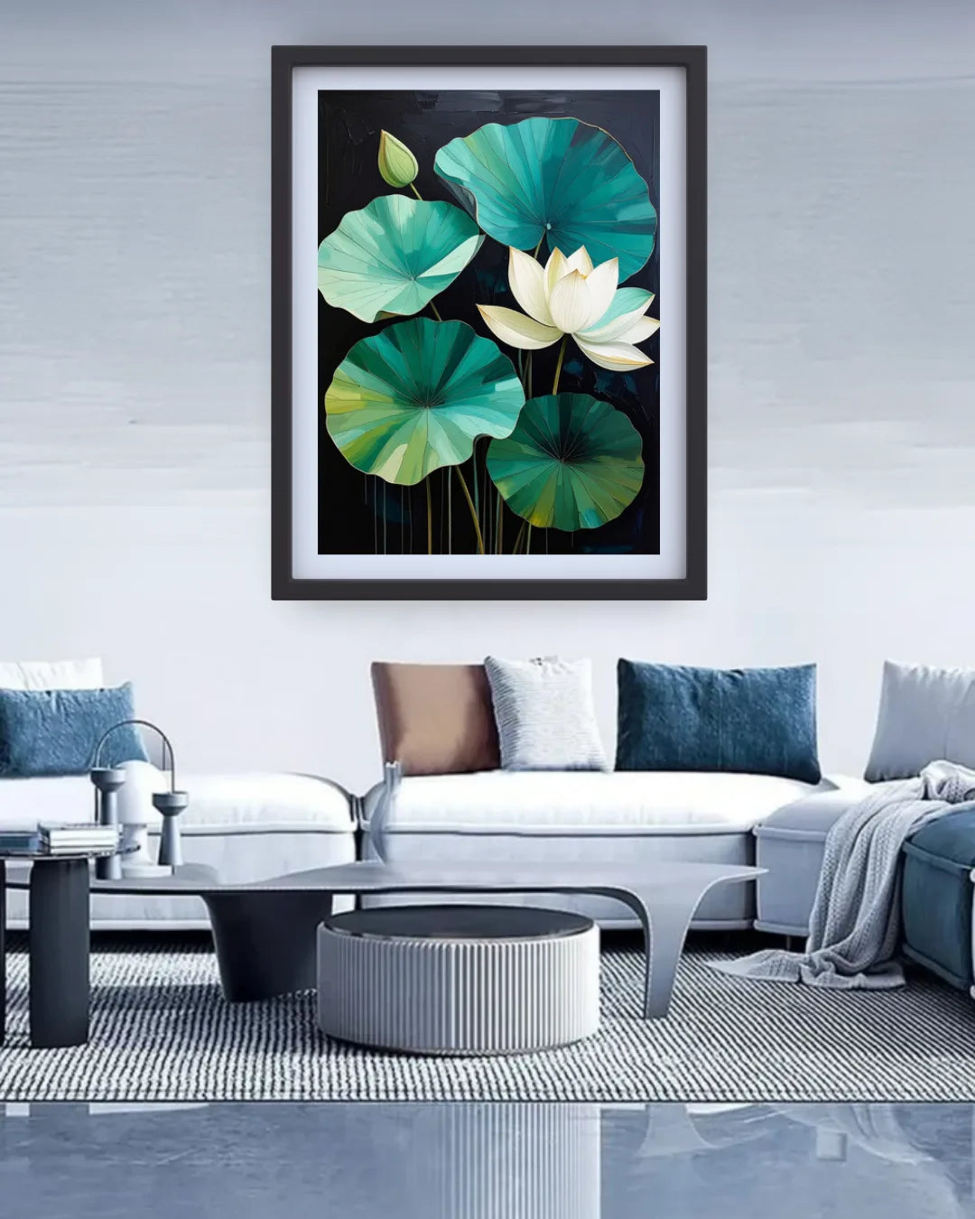 White Lotus with Teal Green Leaves – Wall Art Canvas