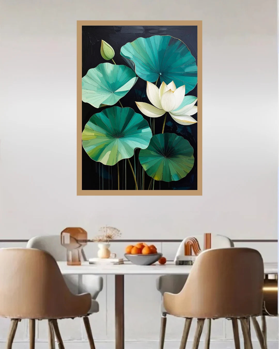 White Lotus with Teal Green Leaves – Wall Art Canvas
