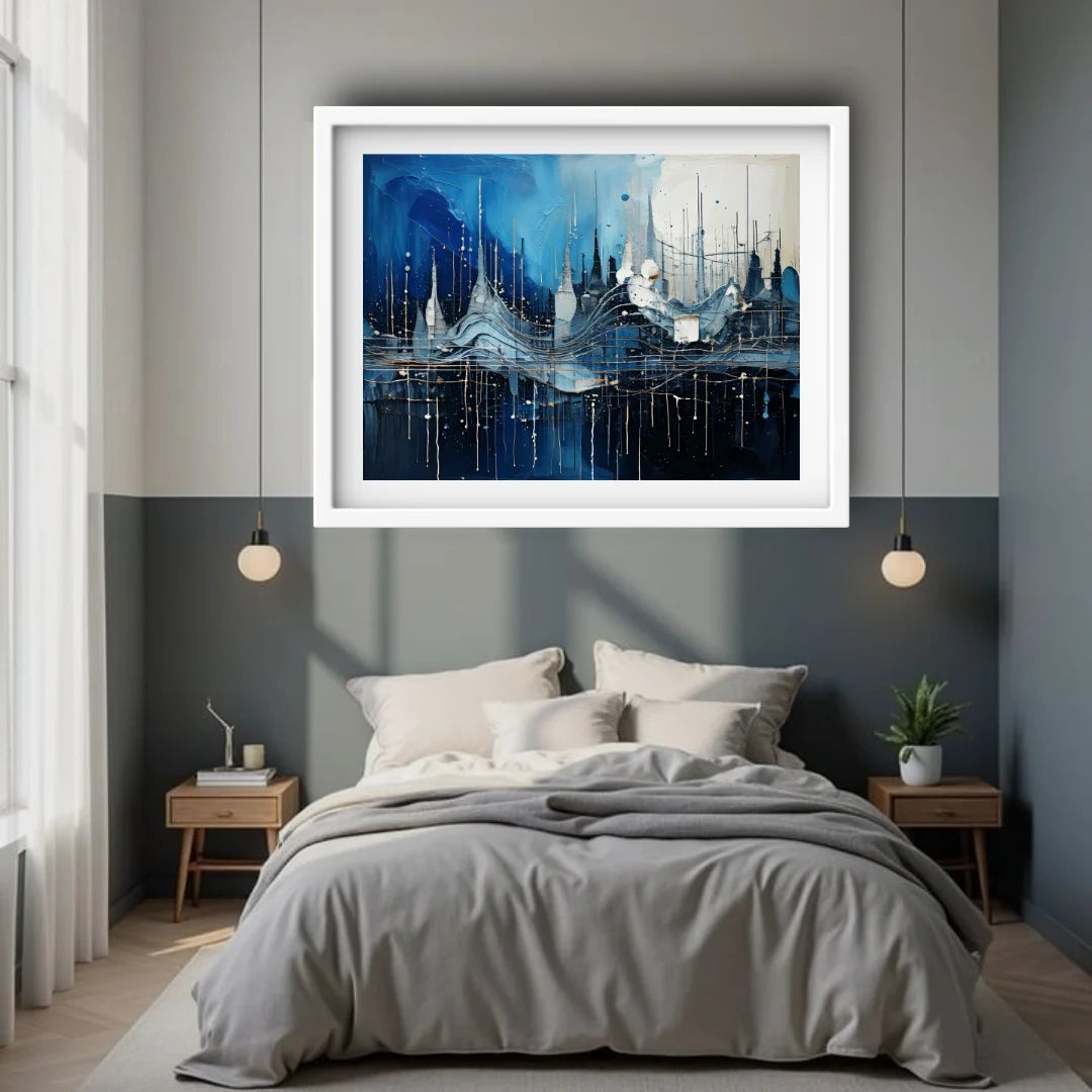 Blue abstract cityscape painting displayed above a modern bed in a stylish interior.