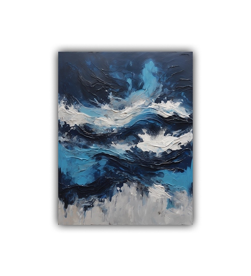 Abstract ocean-themed canvas hanging in a bright modern living room interior.