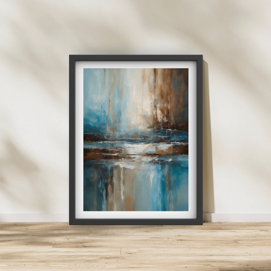 Abstract blue and brown wall art displayed in a cozy modern living room setup.