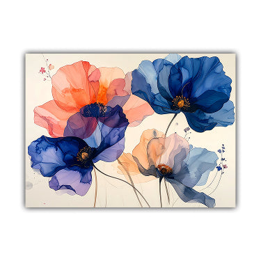 A square canvas wall art print featuring a watercolor-style floral design with large blue and peach poppy-like flowers on a cream background.