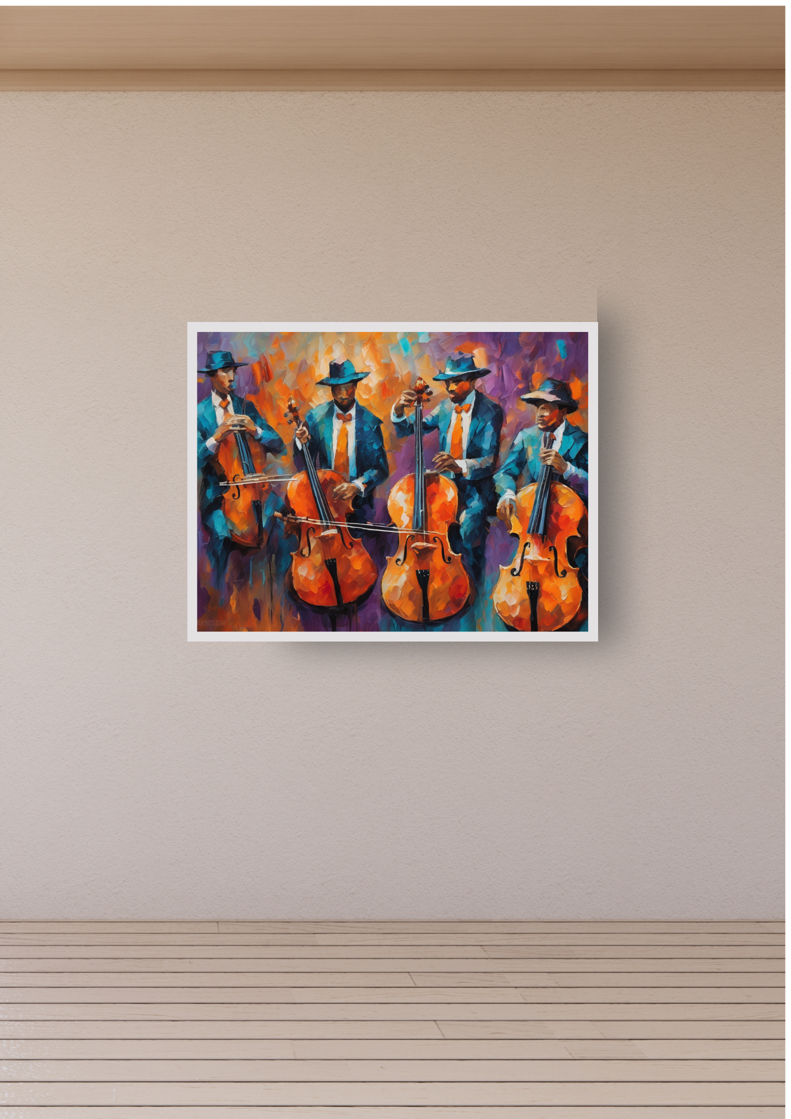 Colorful abstract musician painting hung on a bright wall in a minimalist living room.