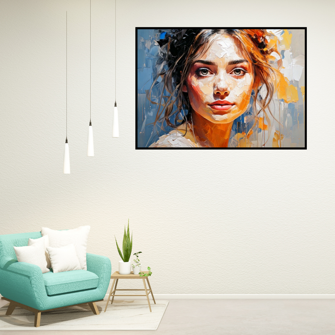 Portrait canvas artwork of a woman framed on a light interior wall with minimalist décor.