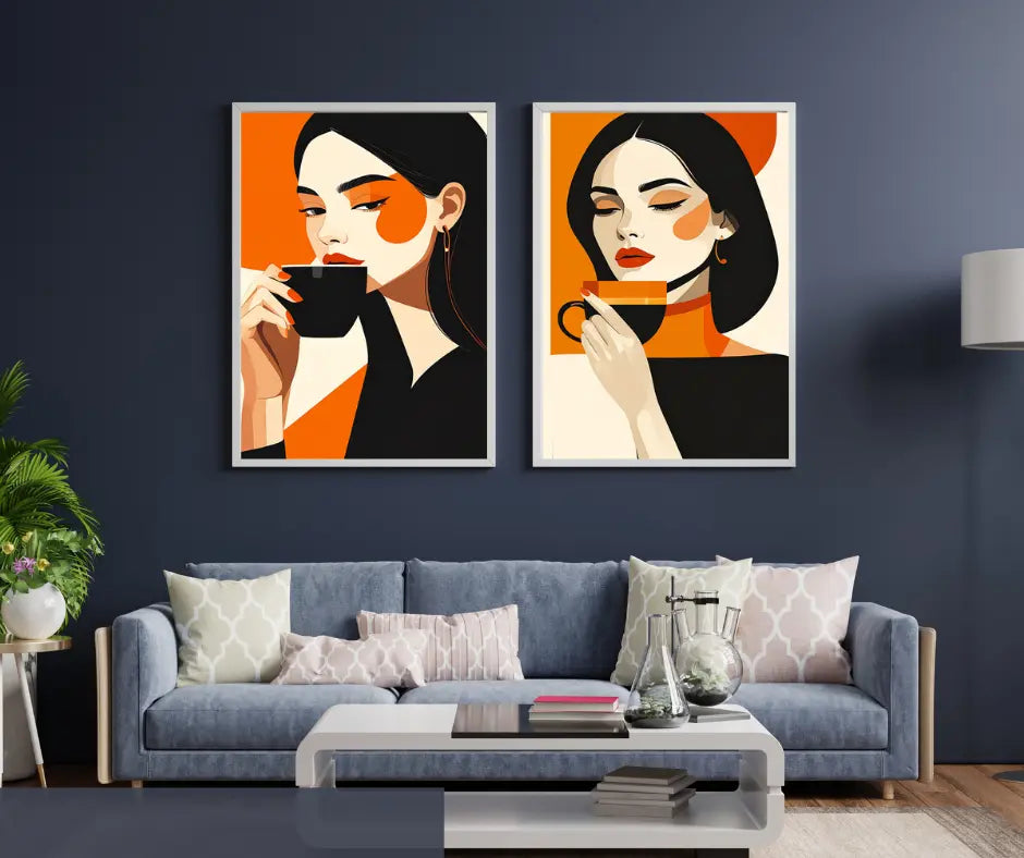 Modern abstract woman face painting with bold black orange tones for living room decor