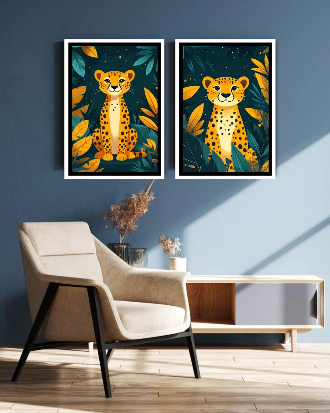 Abstract animal illustration canvas wall art set in living room