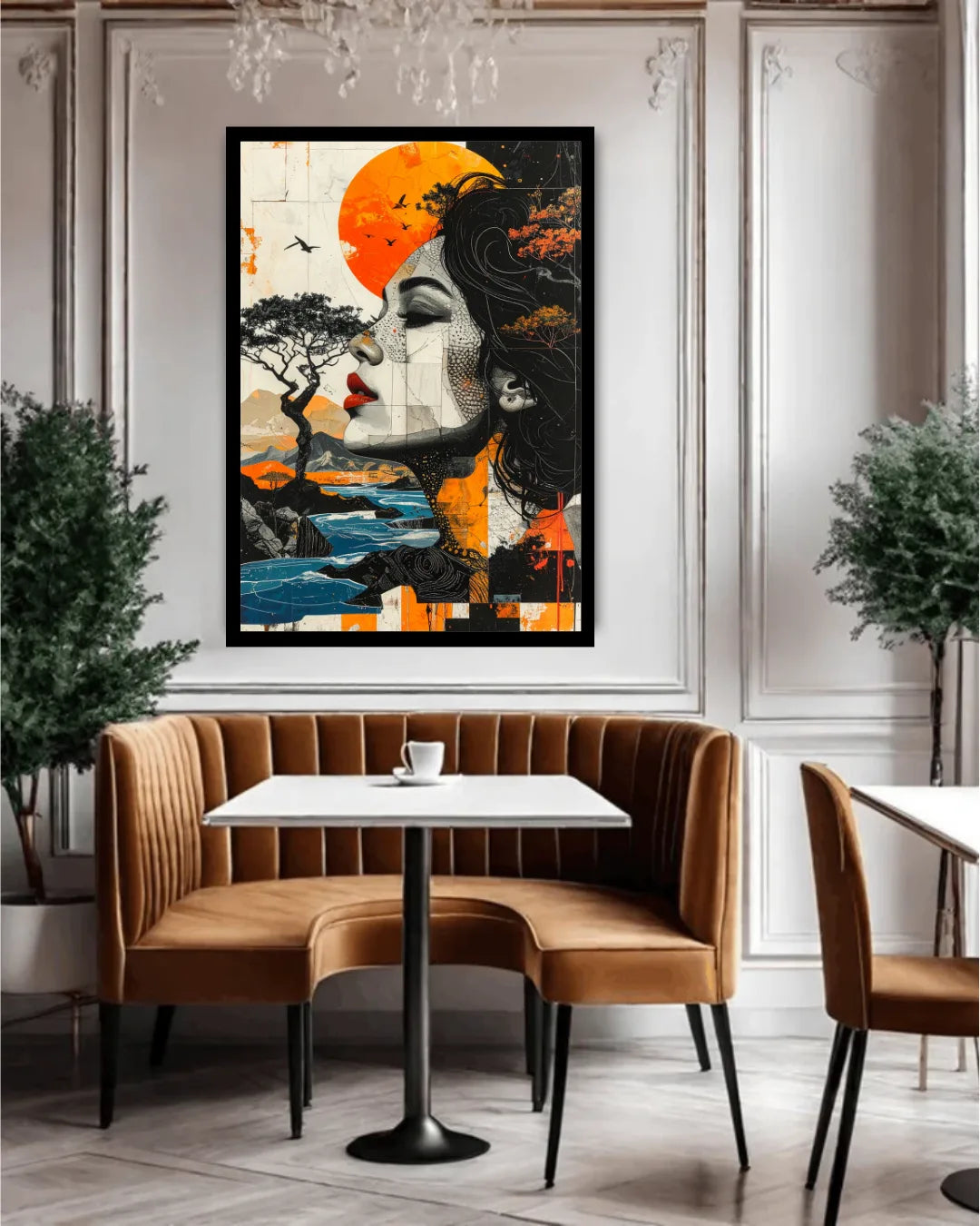Dining area with a large abstract painting on the wall, brown booth seating, and white table.