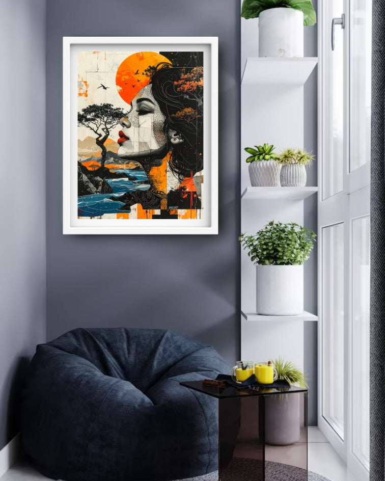 A framed abstract art print featuring a stylized face, a tree, birds, and a large orange sun over blue water, displayed on a dark gray wall in a modern living room setting with a beanbag chair and shelving.