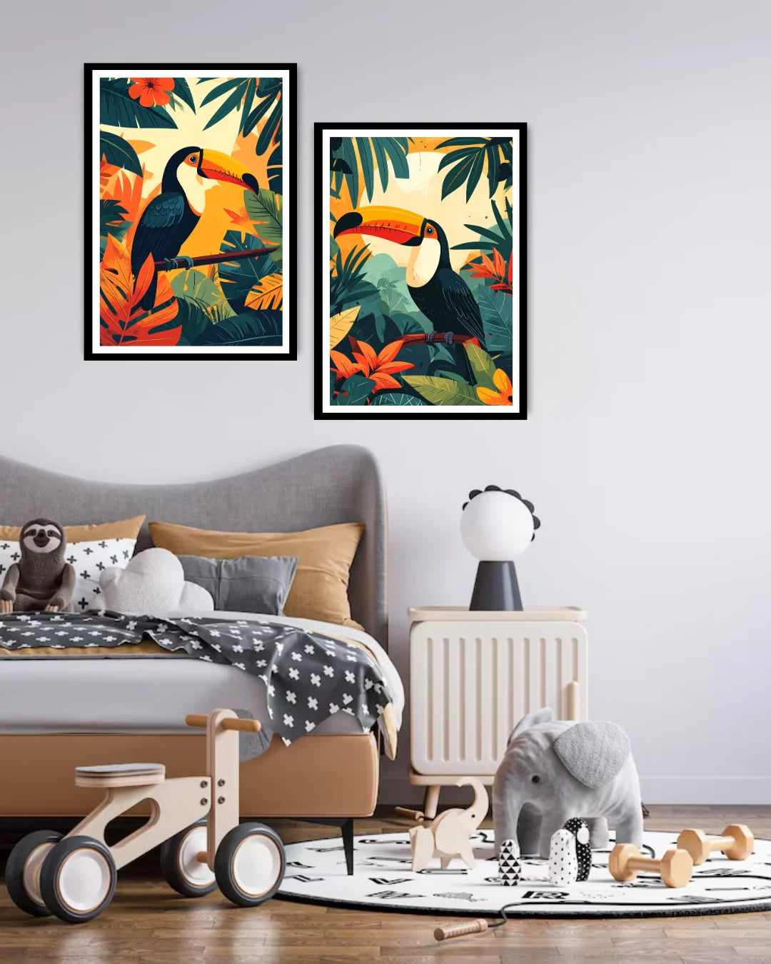 Abstract bird illustration canvas wall art set of 2 in modern interior