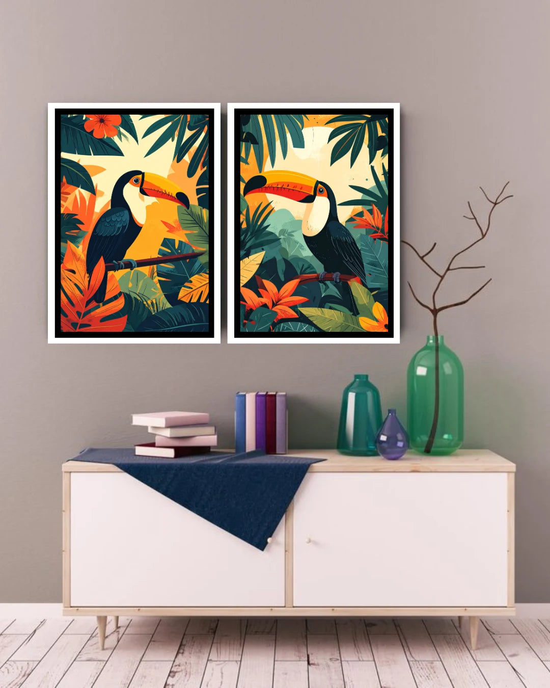 Abstract bird illustration wall art set in contemporary room