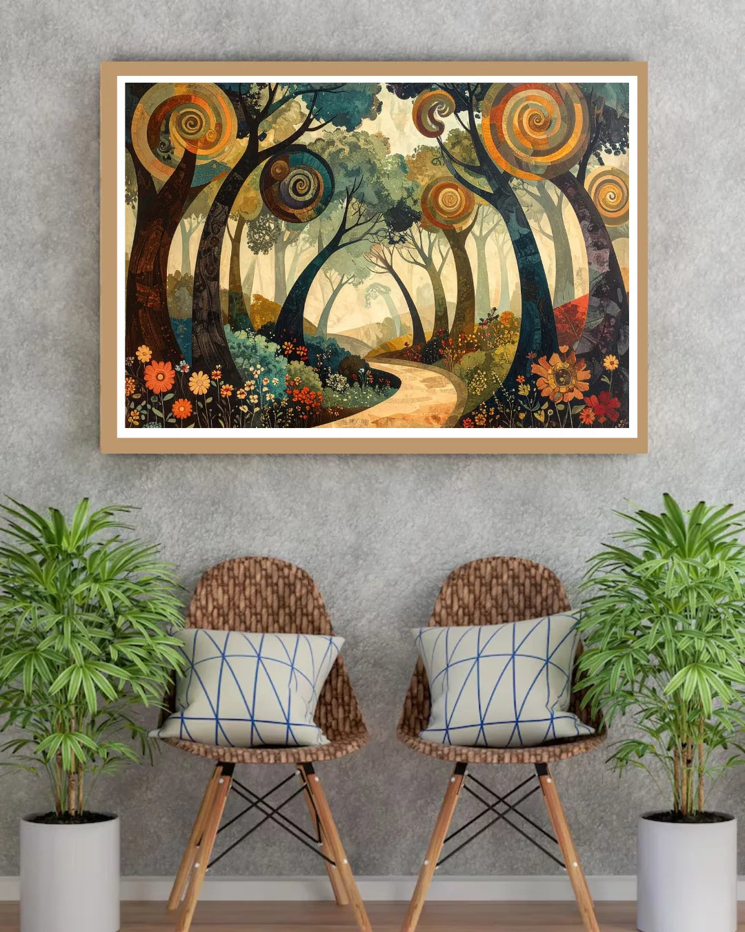 Abstract circular pattern landscape canvas wall art in contemporary interior