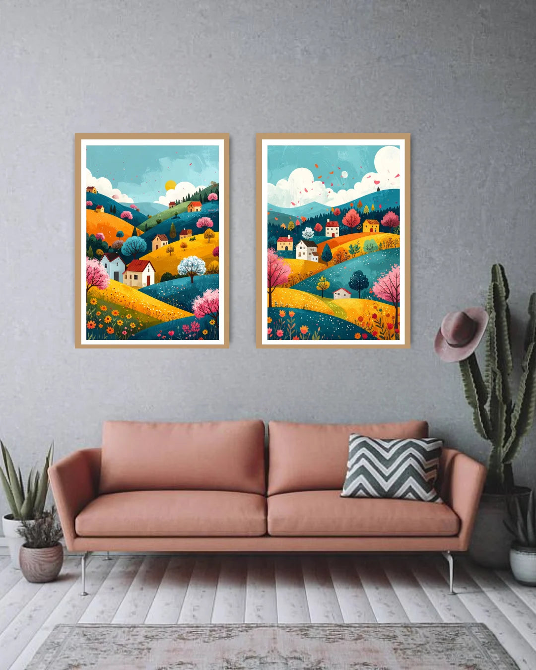 Abstract colorful mountain landscape canvas wall art two panel set