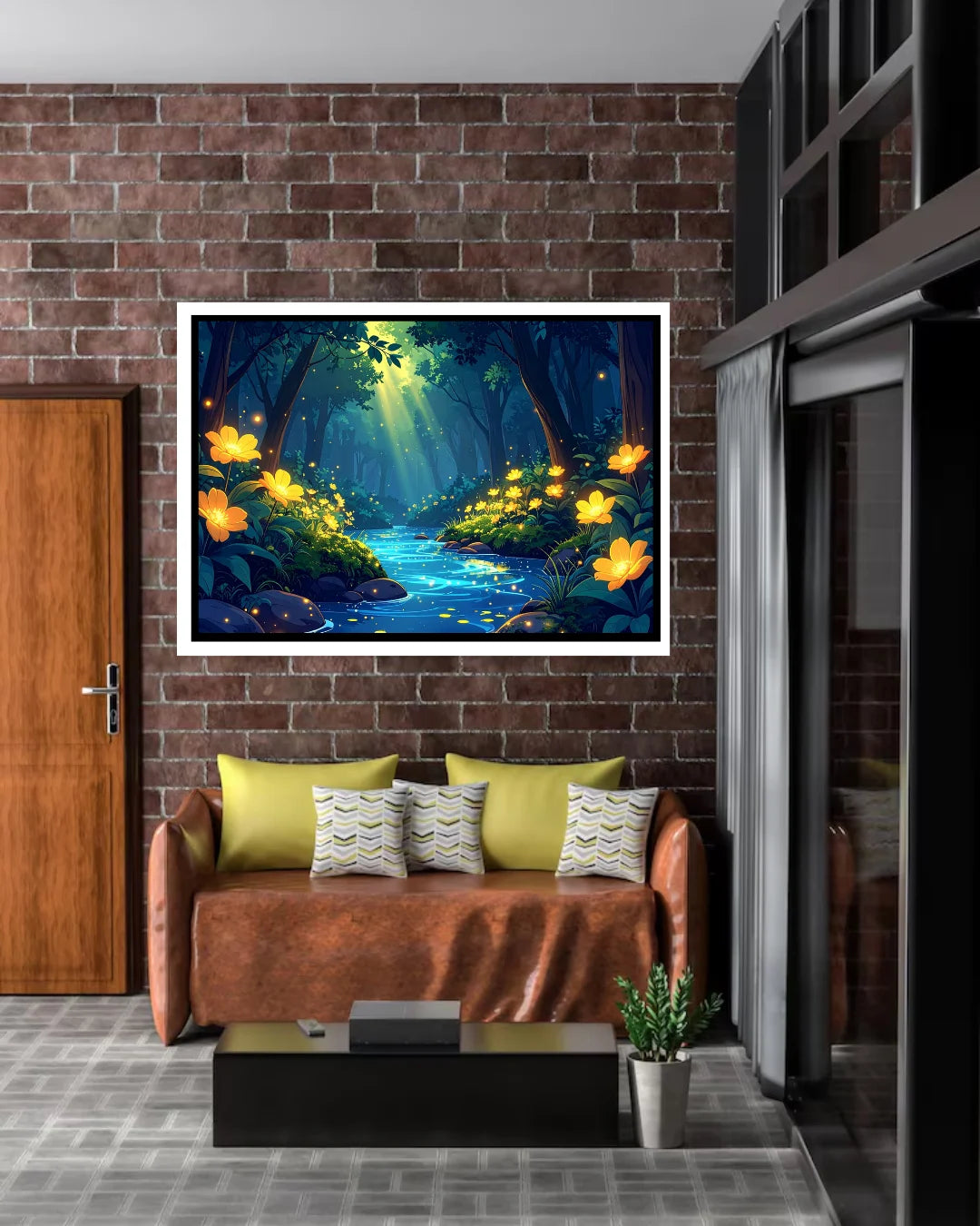 Abstract forest glow stream canvas wall art in modern interior