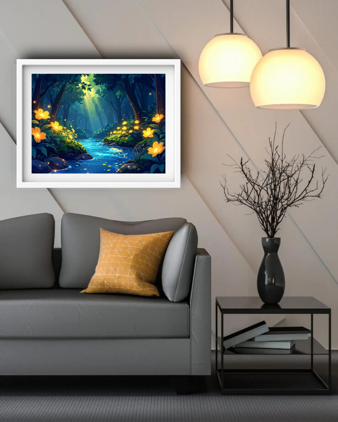 Abstract forest glow stream canvas wall art in living room