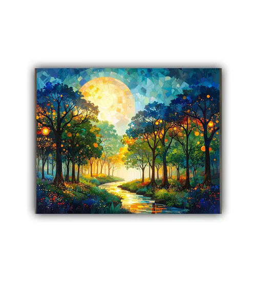 Colorful forest scene with a path and trees under a large moon.