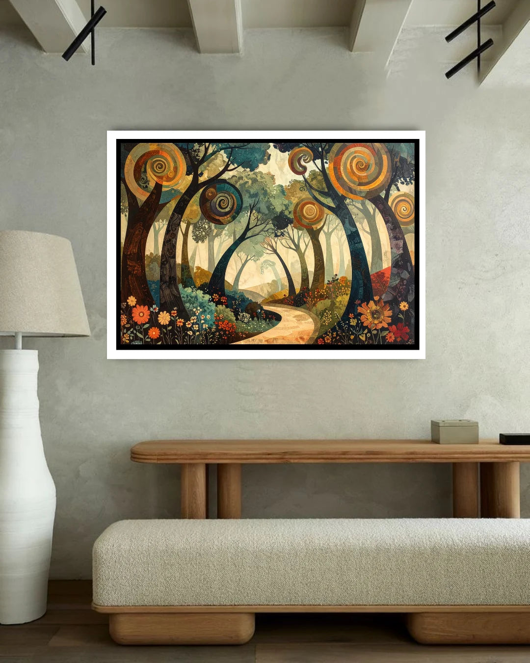 Abstract landscape canvas wall art with circular design in dining area