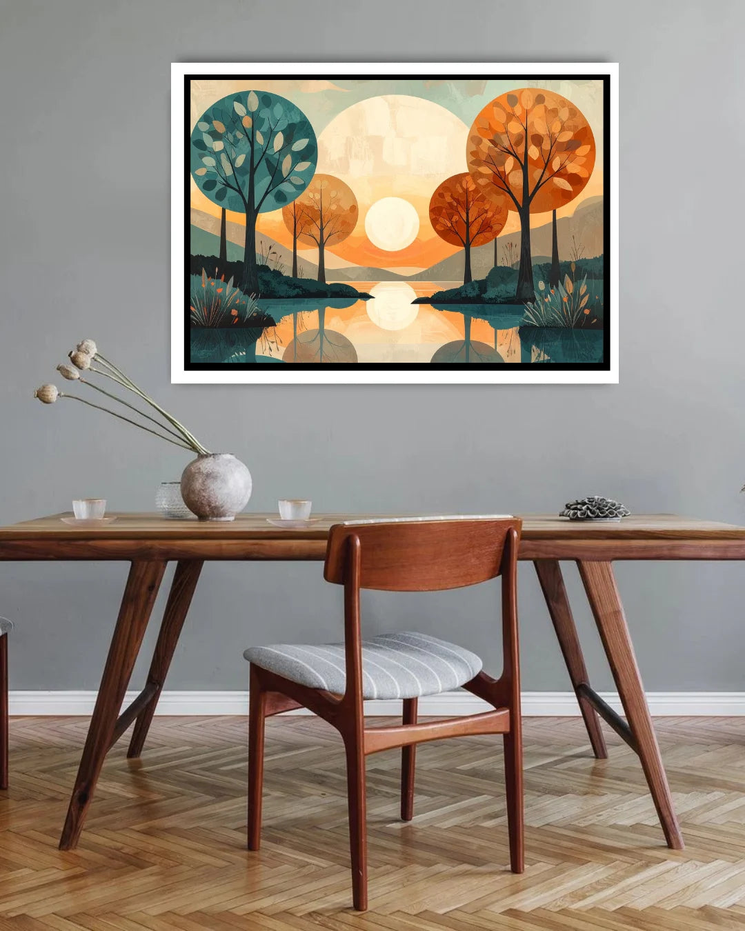 Abstract landscape canvas wall art with trees and water reflection