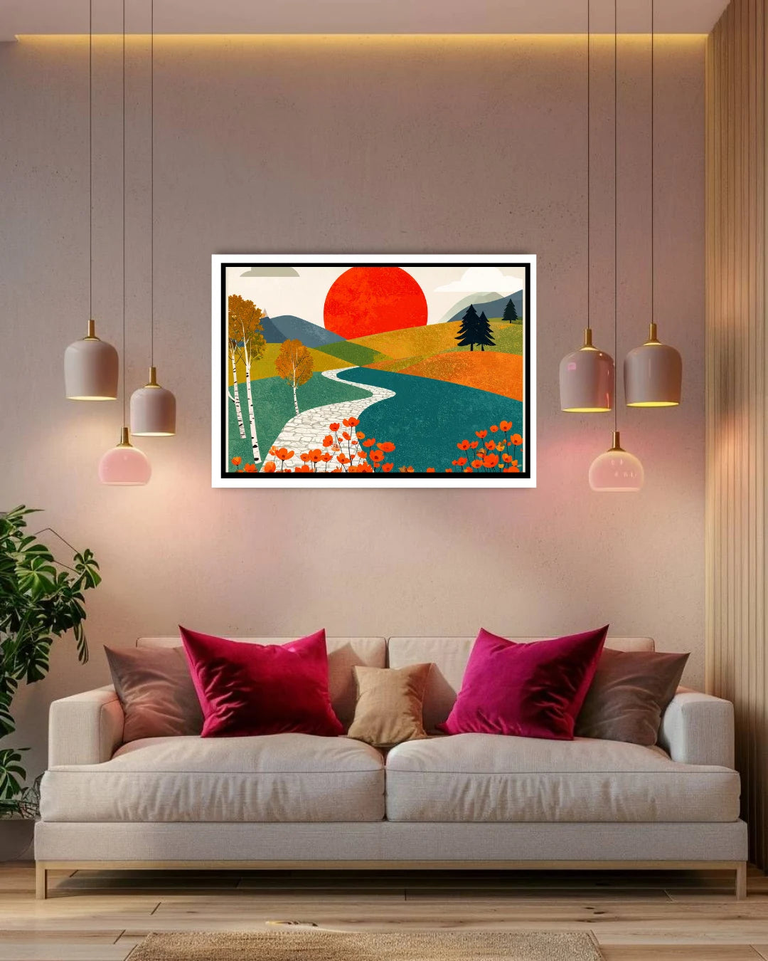 Abstract minimal landscape sun canvas wall art in modern interior