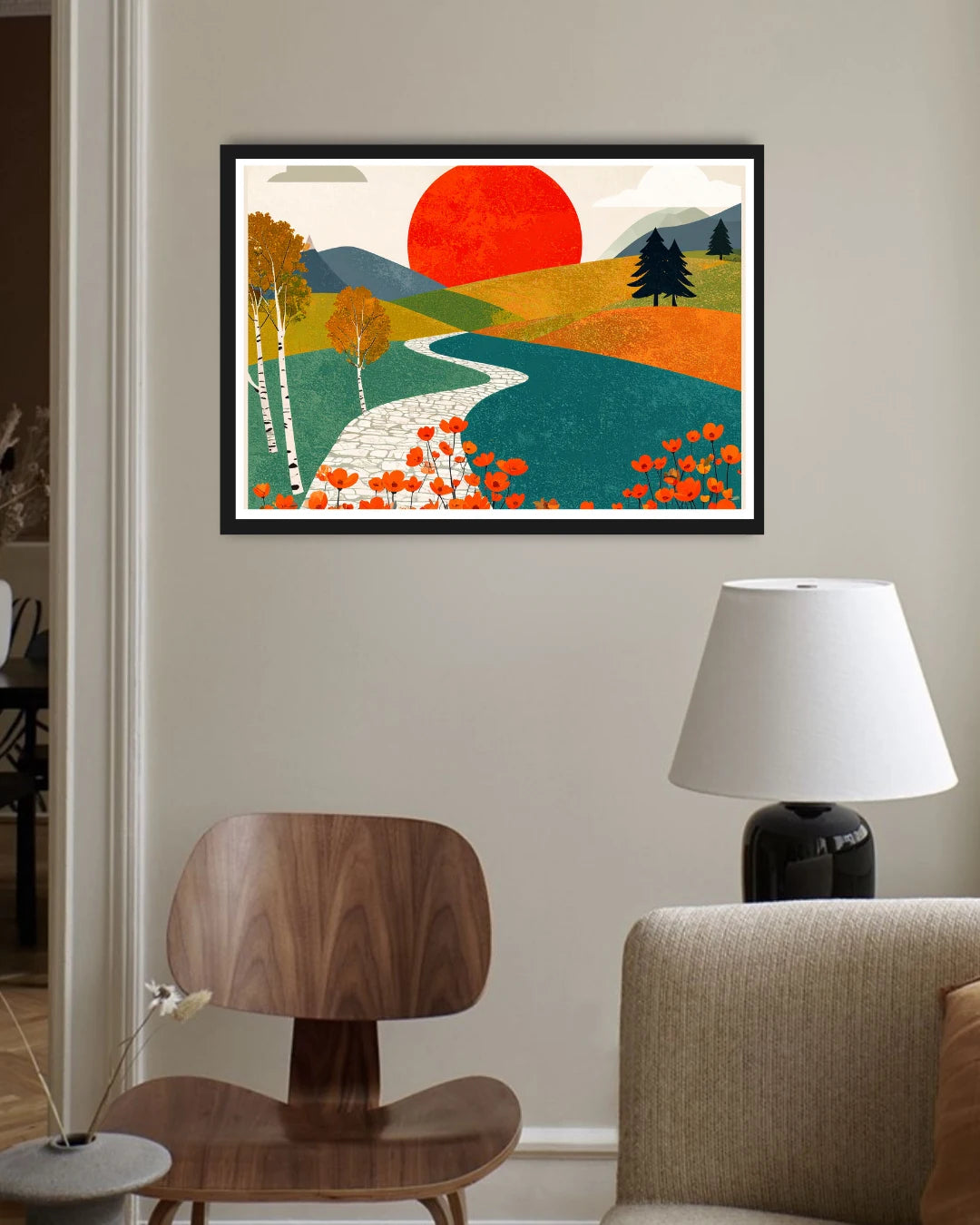 Abstract minimal landscape canvas wall art in living room