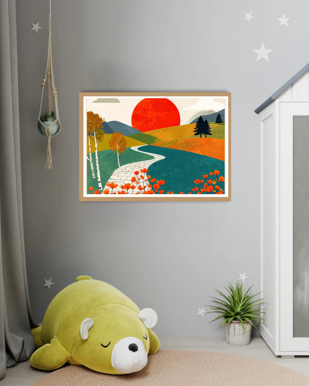 Abstract minimal sun landscape canvas wall art in kids room