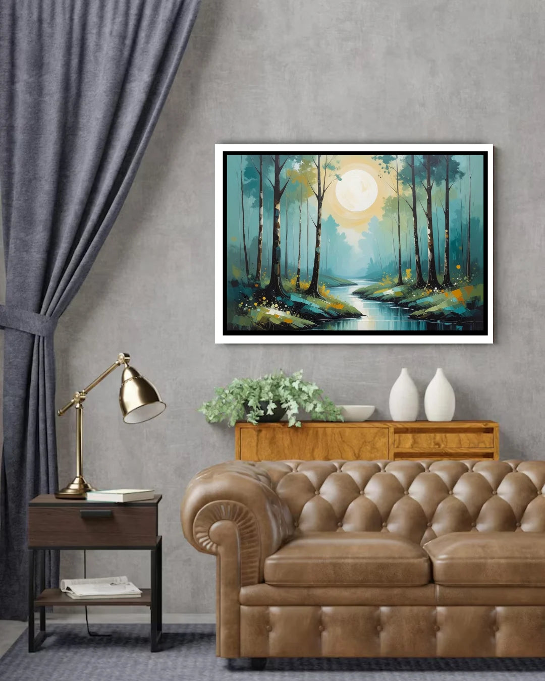 Abstract misty forest river canvas wall art in modern interior