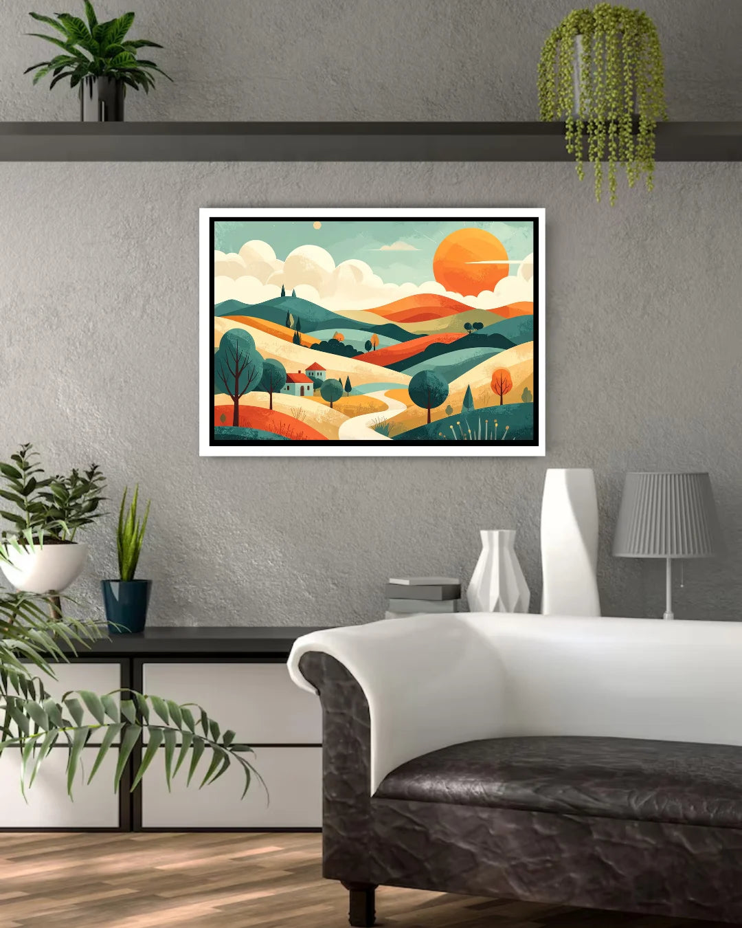 Abstract modern landscape canvas wall art in contemporary space