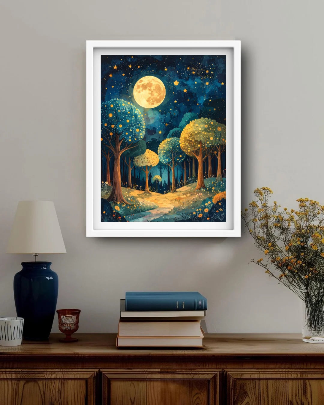Abstract moonlit forest river canvas wall art in contemporary space