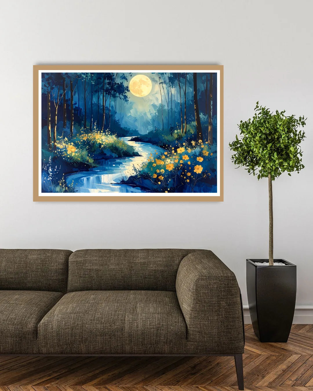 Abstract moonlit forest river canvas wall art in modern interior