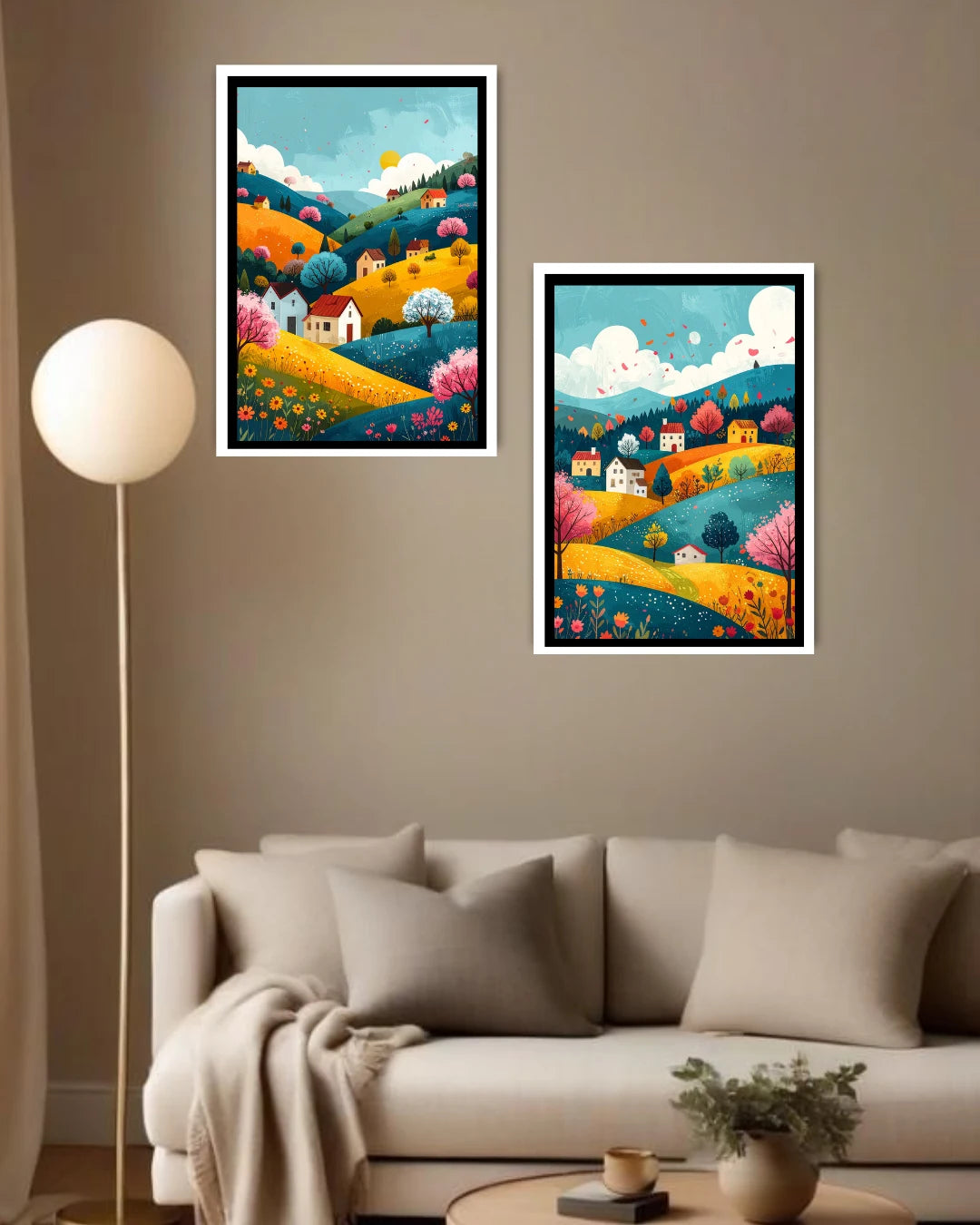 Abstract mountain scenery canvas wall art set in bedroom