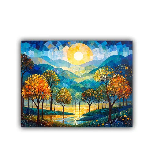 Colorful abstract landscape painting of trees by a lake with mountains in the background.
