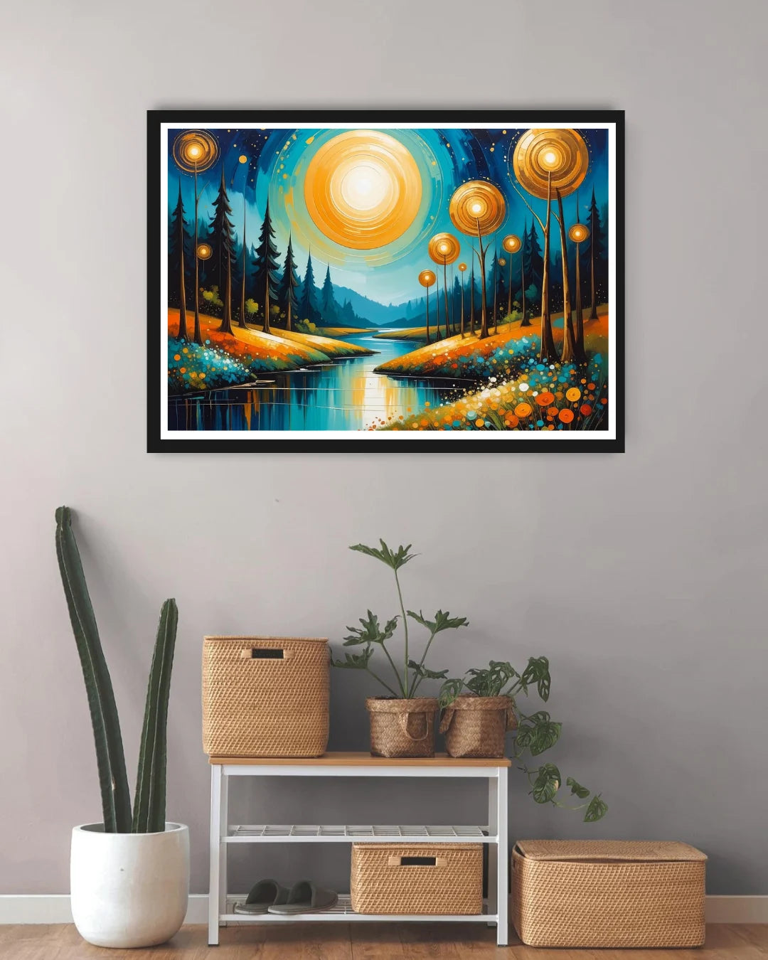 Abstract night landscape canvas wall art with moon and lake