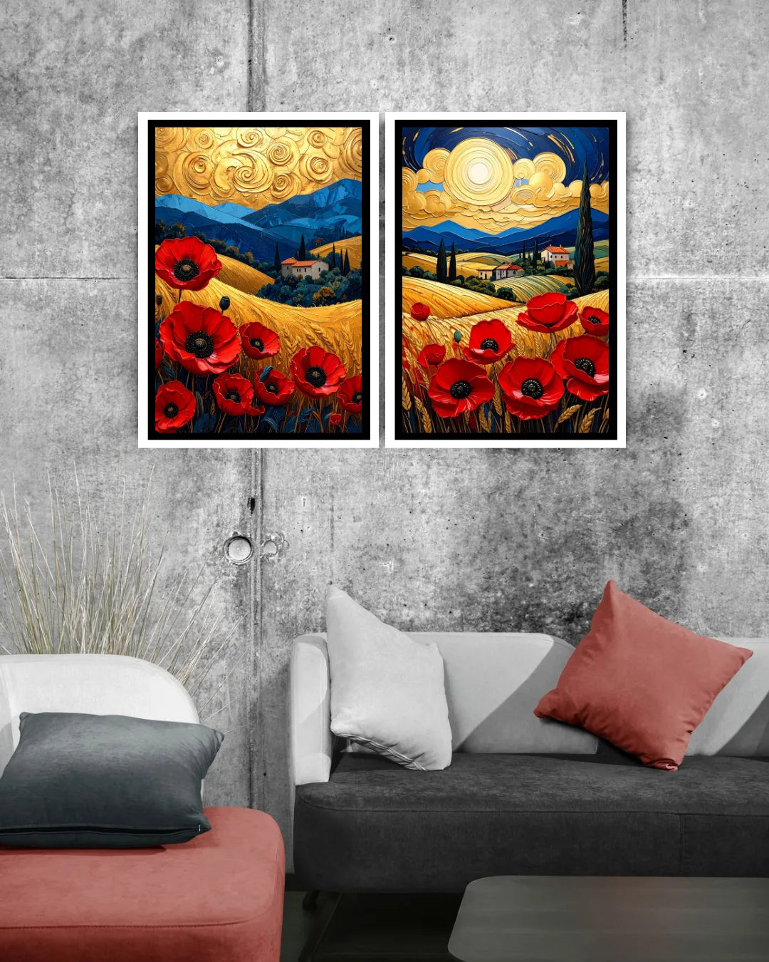 Abstract floral landscape canvas wall art set in living room