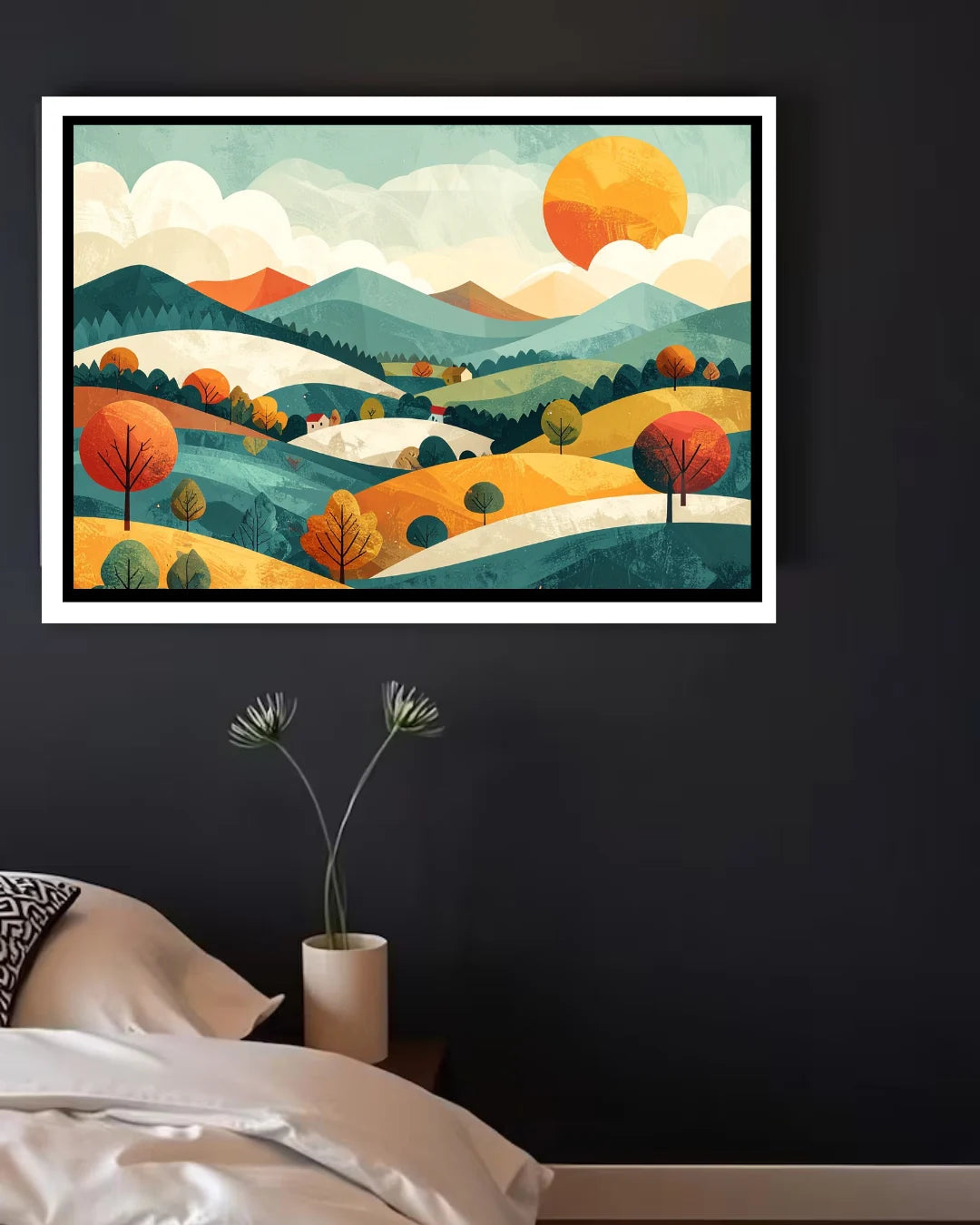 Abstract rolling hills canvas wall art in bedroom