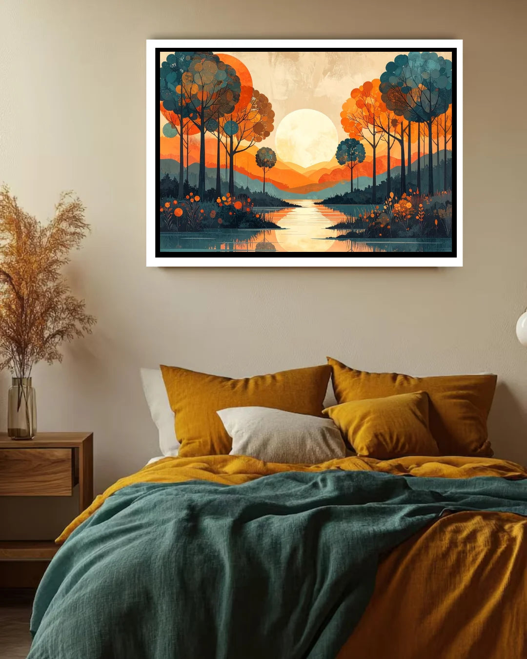 Abstract symmetrical landscape canvas wall art in bedroom