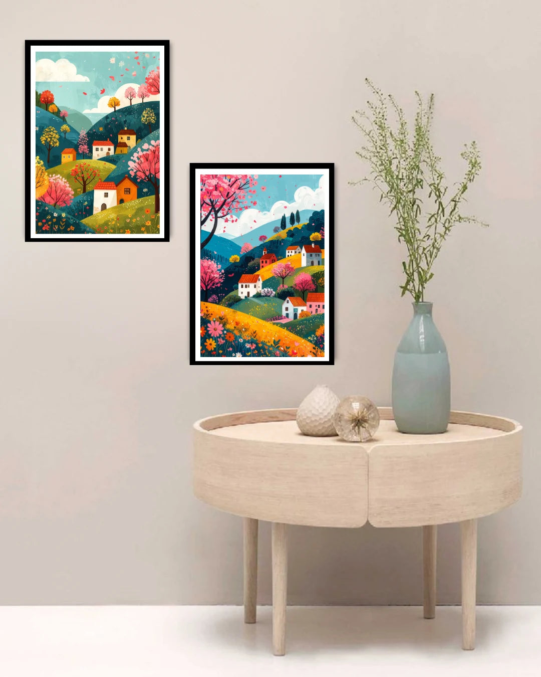 Abstract village landscape canvas wall art set in living room