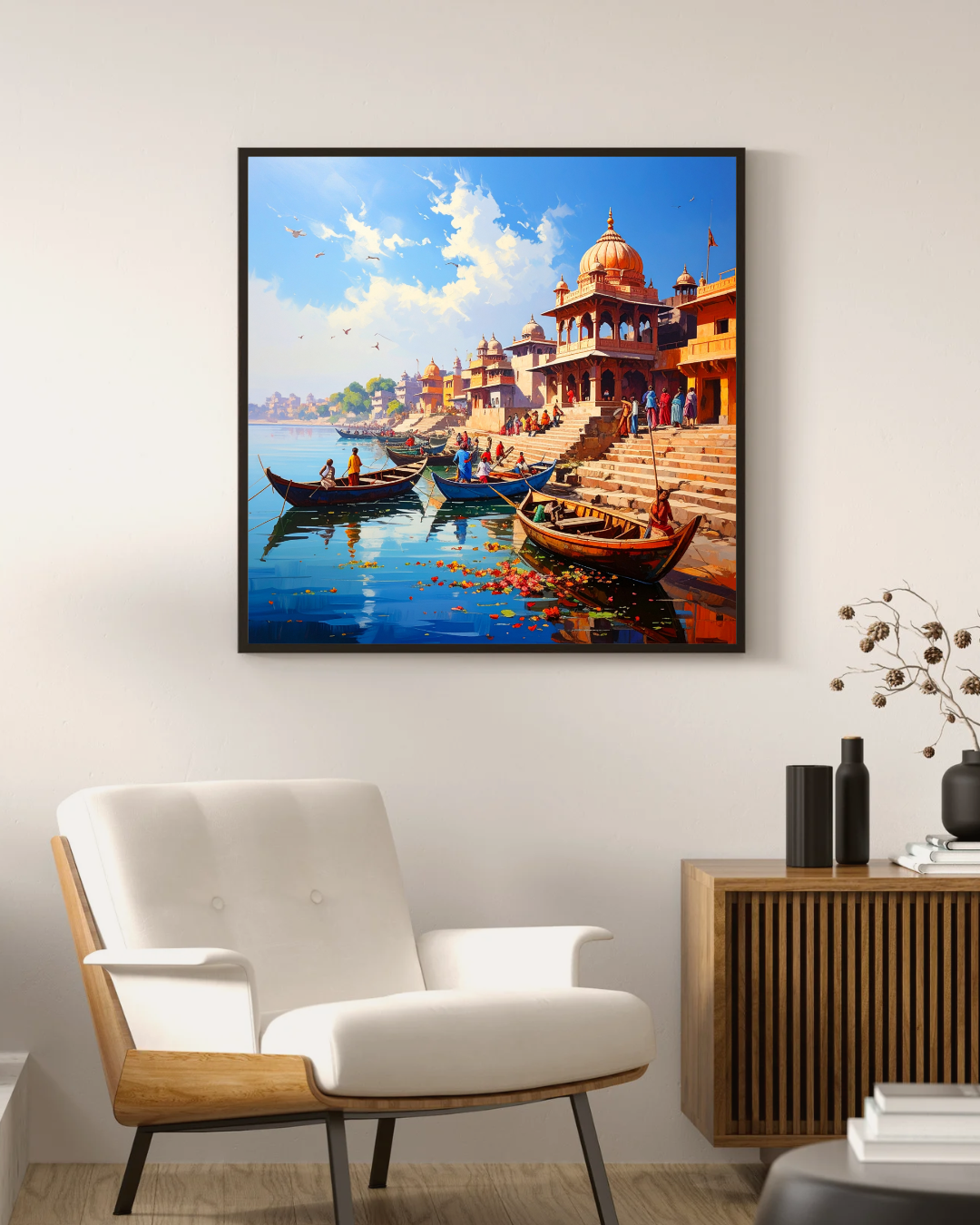 Sacred Varanasi Temple Ghat Art - Premium Canvas Painting