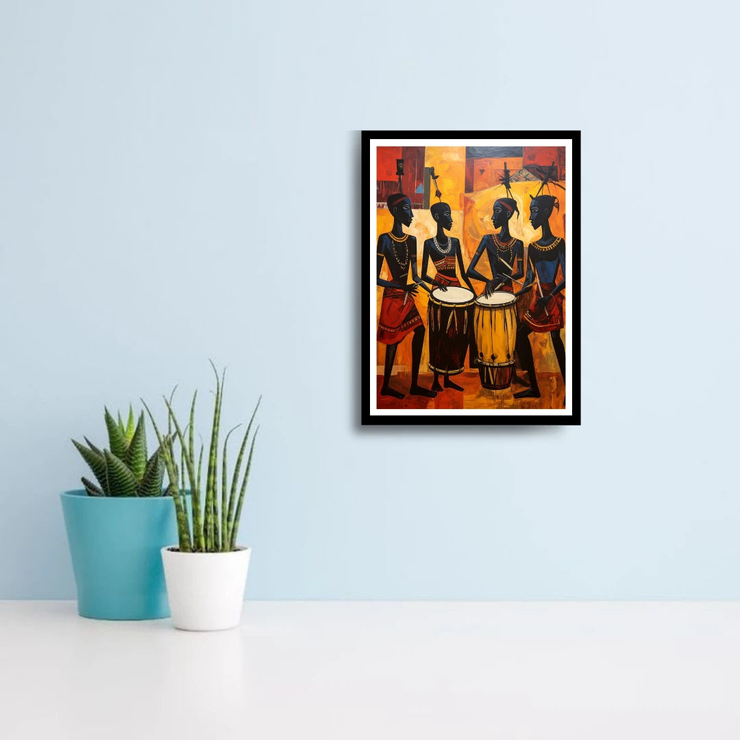 Indian tribal folk art wall painting displayed on light blue wall