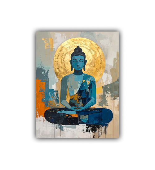 Artistic depiction of a meditating Buddha figure with abstract background