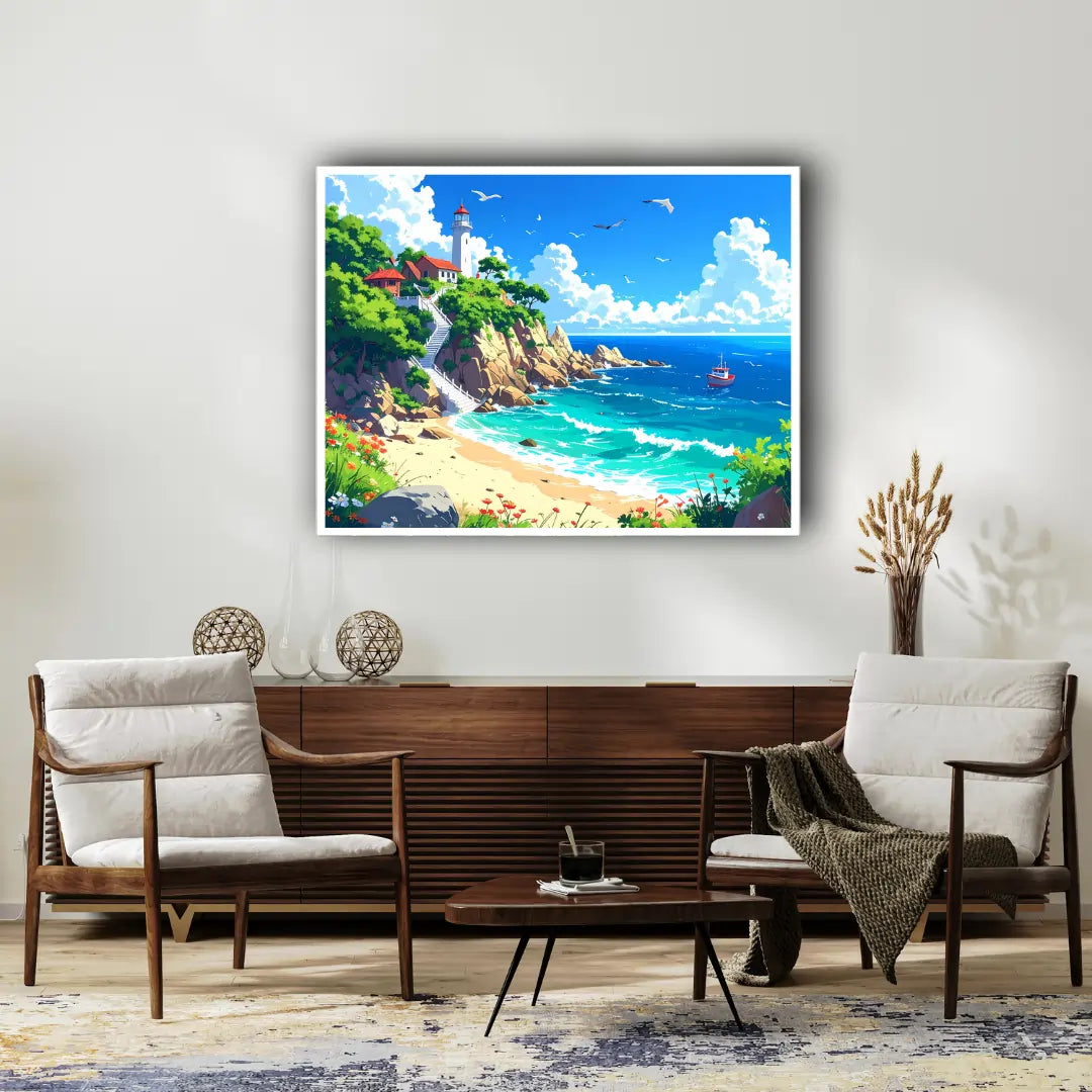 Tropical beach ocean cliff wall art canvas painting