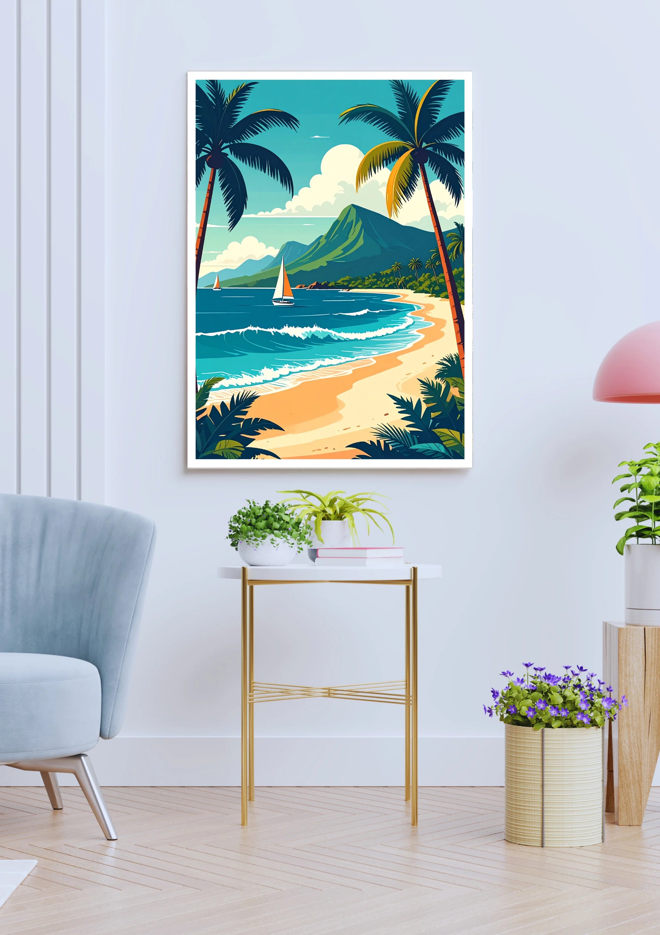 Sunny tropical shoreline canvas wall art painting