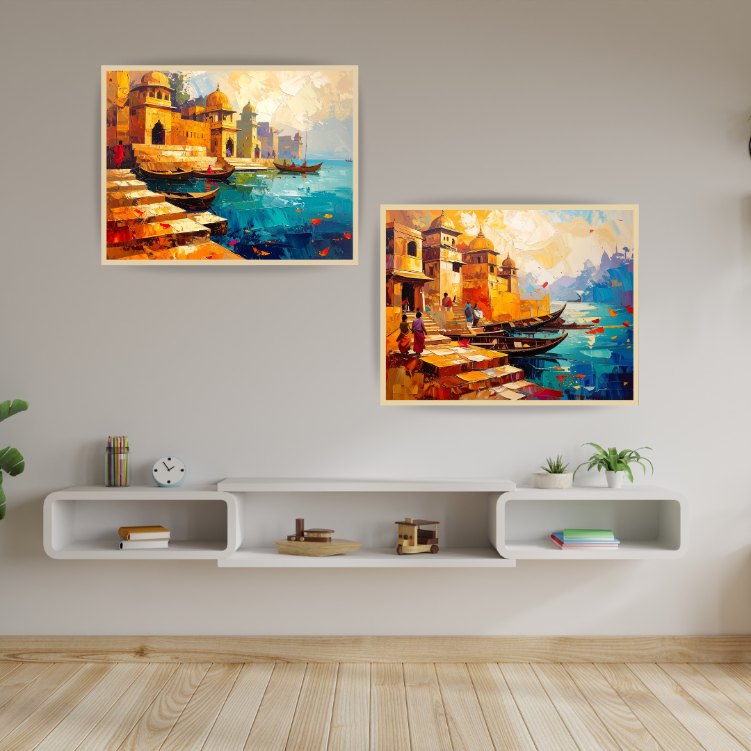 Colorful city waterfront canvas wall art painting
