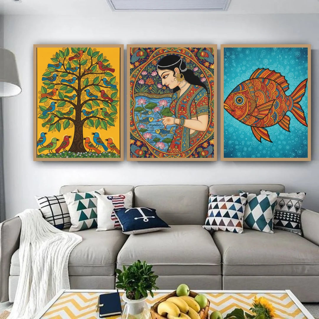 Living room with colorful wall art above a gray sofa