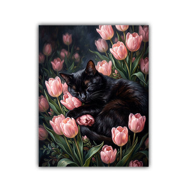Black cat sleeping peacefully among pink tulip flowers, floral animal painting for elegant home wall decor.
