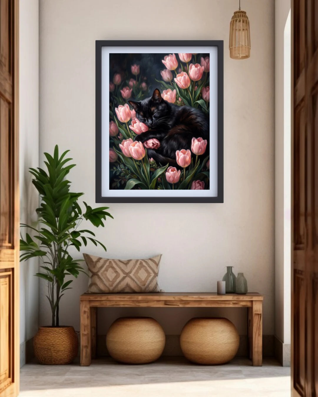 Framed black cat surrounded by pink tulips displayed above a wooden entryway bench with decorative plants.