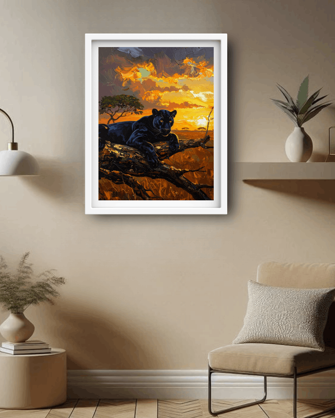 Framed artwork of a panther at sunset in a living room setting.