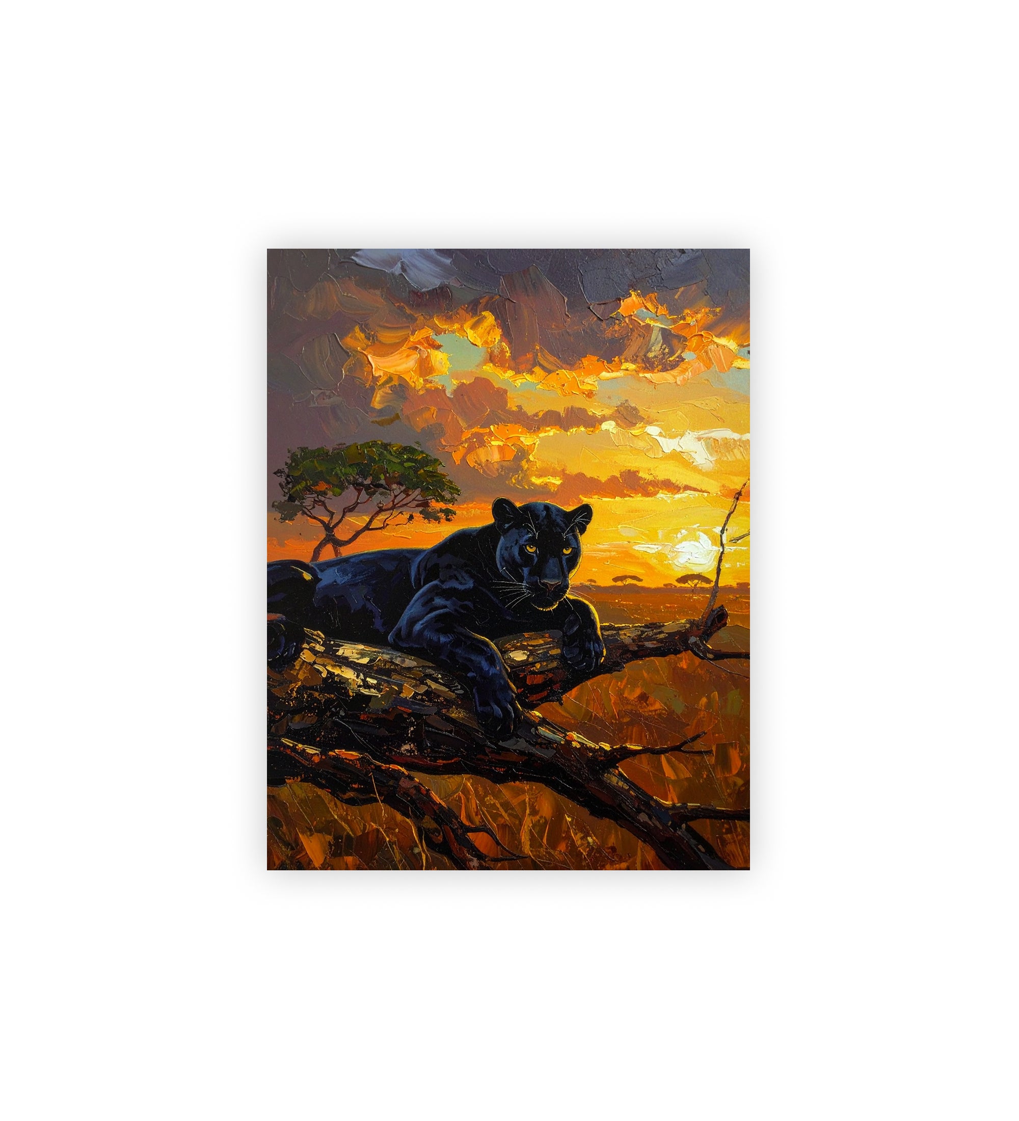 Painting of a panther resting on a branch with a sunset landscape