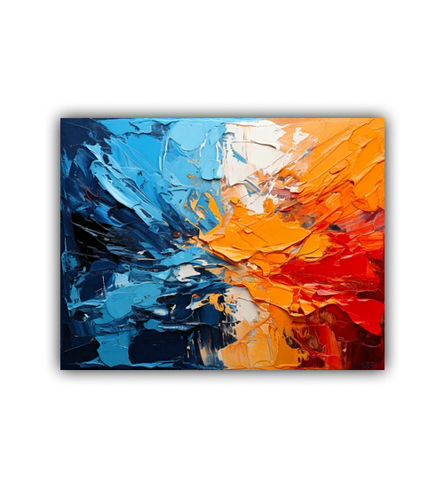 Blue orange abstract canvas painting mounted above an accent chair inside a modern interior.