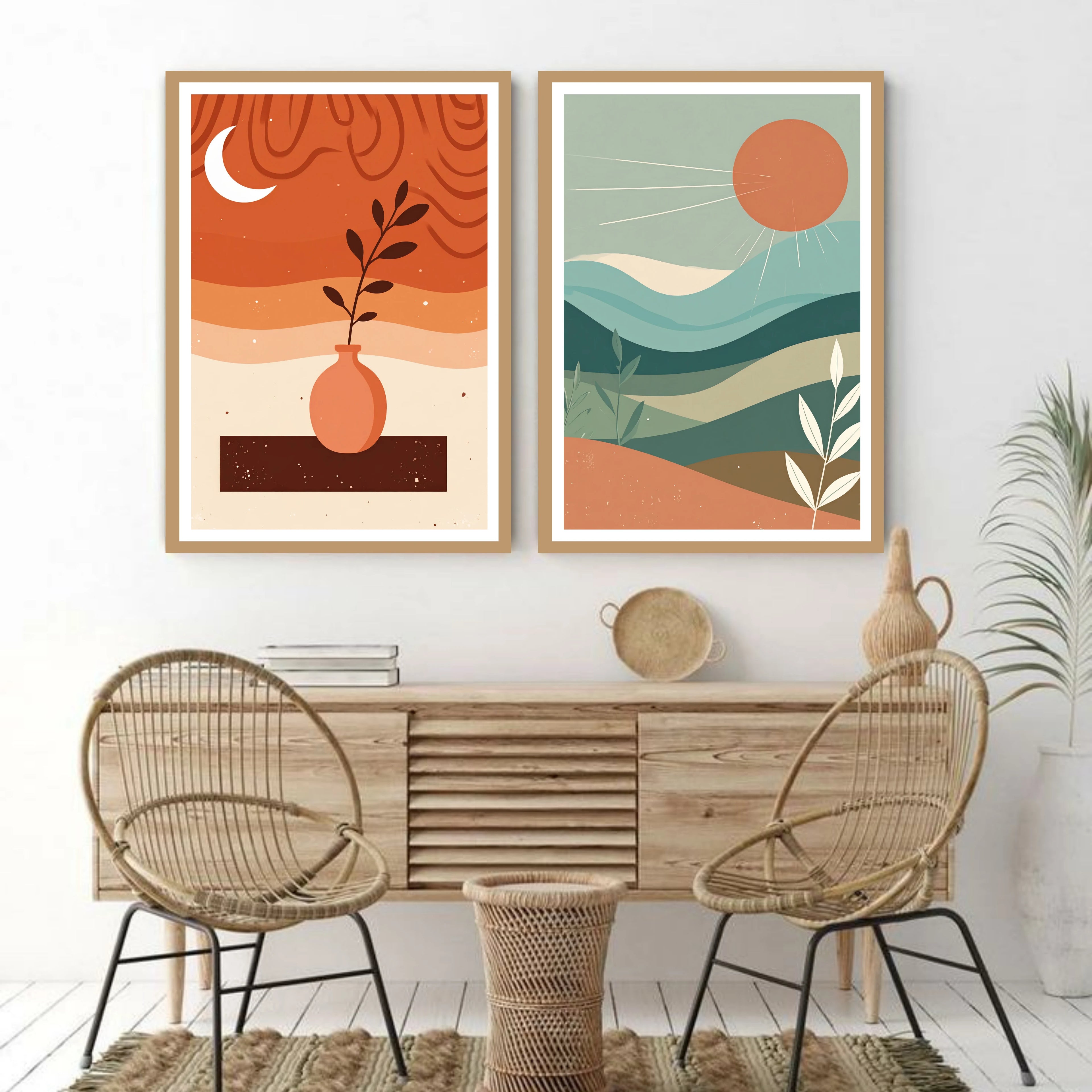 Boho minimalist landscape and botanical canvas wall art set in modern living room