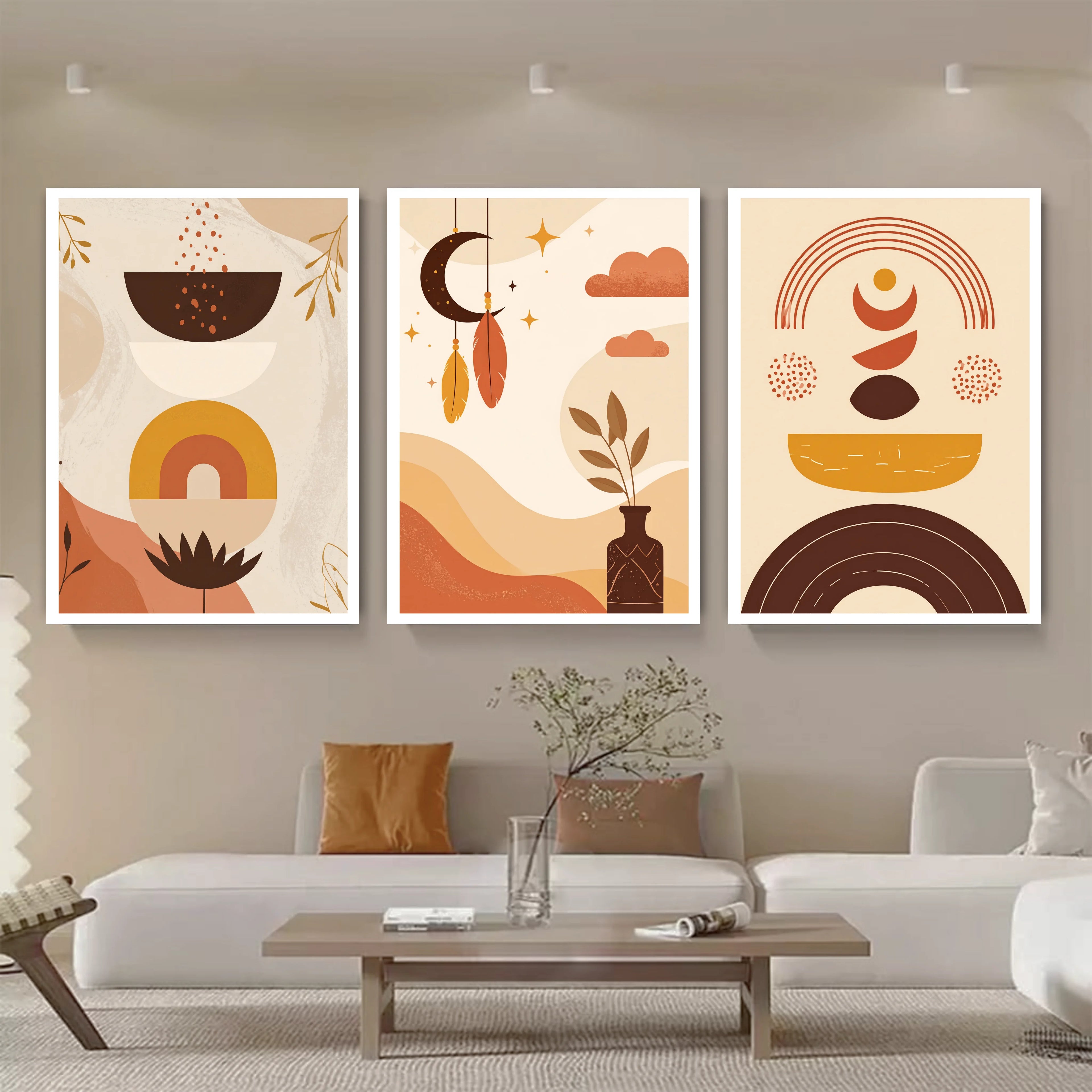 Boho style abstract canvas wall art set in contemporary home
