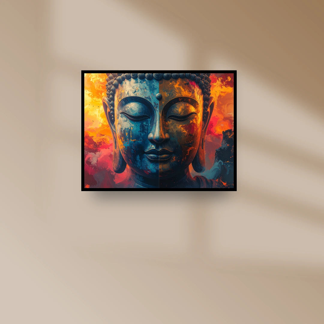 Buddha painting displayed above a beige-toned interior wall for spiritual home décor.